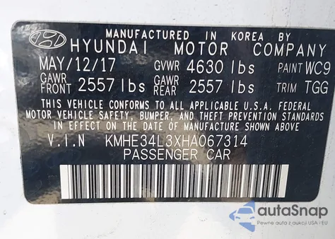 2017 Hyundai Sonata Hybrid Limited from USA, damaged, VIN KMHE34L3XHA067314